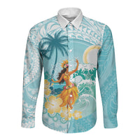 Ura Cook Islands Long Sleeve Button Shirt Kuki 'Airani Traditional Dance Tropical Vibes LT14 Unisex Cyan - Polynesian Pride