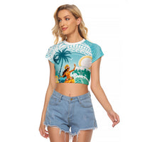 Ura Cook Islands Raglan Cropped T Shirt Kuki 'Airani Traditional Dance Tropical Vibes LT14 Female Cyan - Polynesian Pride