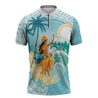 Ura Cook Islands Zipper Polo Shirt Kuki 'Airani Traditional Dance Tropical Vibes LT14 Cyan - Polynesian Pride