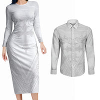 Peniamina Gospel Day Niue Couples Matching Long Sleeve Bodycon Dress and Long Sleeve Button Shirt Cross Dove Hiapo Pattern White LT14 White - Polynesian Pride