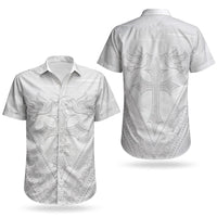 Peniamina Gospel Day Niue Couples Matching Off The Shoulder Long Sleeve Dress and Hawaiian Shirt Cross Dove Hiapo Pattern White LT14 - Polynesian Pride