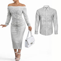 Peniamina Gospel Day Niue Couples Matching Off The Shoulder Long Sleeve Dress and Long Sleeve Button Shirt Cross Dove Hiapo Pattern White LT14 White - Polynesian Pride