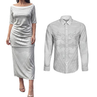 Peniamina Gospel Day Niue Couples Matching Puletasi and Long Sleeve Button Shirt Cross Dove Hiapo Pattern White LT14 White - Polynesian Pride