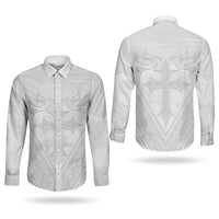 Peniamina Gospel Day Niue Couples Matching Puletasi and Long Sleeve Button Shirt Cross Dove Hiapo Pattern White LT14 - Polynesian Pride