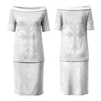 Peniamina Gospel Day Niue Couples Matching Puletasi and Long Sleeve Button Shirt Cross Dove Hiapo Pattern White LT14 - Polynesian Pride