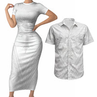 Peniamina Gospel Day Niue Couples Matching Short Sleeve Bodycon Dress and Hawaiian Shirt Cross Dove Hiapo Pattern White LT14 White - Polynesian Pride