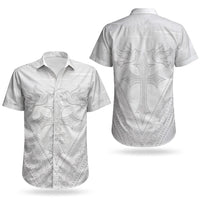 Peniamina Gospel Day Niue Couples Matching Short Sleeve Bodycon Dress and Hawaiian Shirt Cross Dove Hiapo Pattern White LT14 - Polynesian Pride