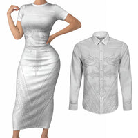Peniamina Gospel Day Niue Couples Matching Short Sleeve Bodycon Dress and Long Sleeve Button Shirt Cross Dove Hiapo Pattern White LT14 White - Polynesian Pride