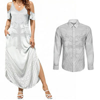 Peniamina Gospel Day Niue Couples Matching Summer Maxi Dress and Long Sleeve Button Shirt Cross Dove Hiapo Pattern White LT14 White - Polynesian Pride