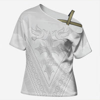 Peniamina Gospel Day Niue Cross Shoulder Shirt Cross Dove Hiapo Pattern White LT14 Female White - Polynesian Pride