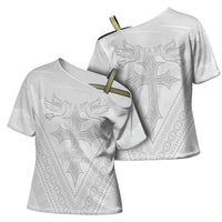 Peniamina Gospel Day Niue Cross Shoulder Shirt Cross Dove Hiapo Pattern White LT14 - Polynesian Pride