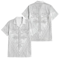 Peniamina Gospel Day Niue Family Matching Long Sleeve Bodycon Dress and Hawaiian Shirt Cross Dove Hiapo Pattern White LT14 Dad's Shirt - Short Sleeve White - Polynesian Pride