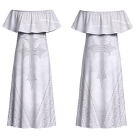 Peniamina Gospel Day Niue Family Matching Off Shoulder Maxi Dress and Hawaiian Shirt Cross Dove Hiapo Pattern White LT14 Mom's Dress White - Polynesian Pride