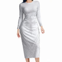 Peniamina Gospel Day Niue Long Sleeve Bodycon Dress Cross Dove Hiapo Pattern White LT14 Long Dress White - Polynesian Pride