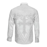 Peniamina Gospel Day Niue Long Sleeve Button Shirt Cross Dove Hiapo Pattern White LT14 - Polynesian Pride