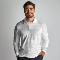 Peniamina Gospel Day Niue Long Sleeve Polo Shirt Cross Dove Hiapo Pattern White LT14 - Polynesian Pride