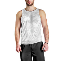 Peniamina Gospel Day Niue Men Tank Top Cross Dove Hiapo Pattern White LT14 - Polynesian Pride