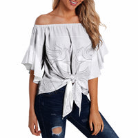 Peniamina Gospel Day Niue Off Shoulder Wrap Waist Top Cross Dove Hiapo Pattern White LT14 White - Polynesian Pride