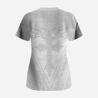Peniamina Gospel Day Niue Scrub Top Cross Dove Hiapo Pattern White LT14 - Polynesian Pride