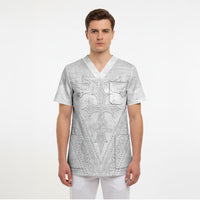 Peniamina Gospel Day Niue Scrub Top Cross Dove Hiapo Pattern White LT14 - Polynesian Pride