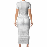 Peniamina Gospel Day Niue Short Sleeve Bodycon Dress Cross Dove Hiapo Pattern White LT14 - Polynesian Pride