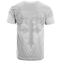 Peniamina Gospel Day Niue T Shirt Cross Dove Hiapo Pattern White LT14 - Polynesian Pride