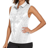 Peniamina Gospel Day Niue Women Sleeveless Polo Shirt Cross Dove Hiapo Pattern White LT14 - Polynesian Pride