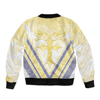 Peniamina Gospel Day Niue Bomber Jacket Cross Dove Hiapo Pattern Yellow LT14 - Polynesian Pride
