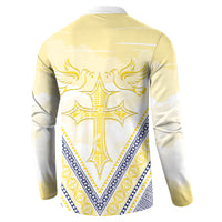 Peniamina Gospel Day Niue Button Sweatshirt Cross Dove Hiapo Pattern Yellow LT14 - Polynesian Pride