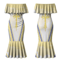 Peniamina Gospel Day Niue Couples Matching Mermaid Dress and Long Sleeve Button Shirt Cross Dove Hiapo Pattern Yellow LT14 - Polynesian Pride