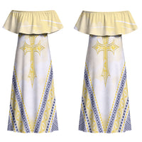 Peniamina Gospel Day Niue Couples Matching Off Shoulder Maxi Dress and Long Sleeve Button Shirt Cross Dove Hiapo Pattern Yellow LT14 - Polynesian Pride