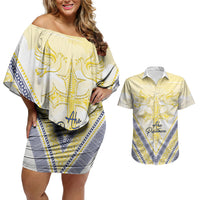 Peniamina Gospel Day Niue Couples Matching Off Shoulder Short Dress and Hawaiian Shirt Cross Dove Hiapo Pattern Yellow LT14 Yellow - Polynesian Pride