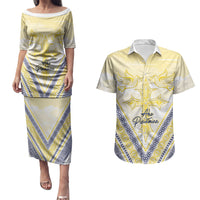 Peniamina Gospel Day Niue Couples Matching Puletasi and Hawaiian Shirt Cross Dove Hiapo Pattern Yellow LT14 Yellow - Polynesian Pride