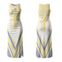 Peniamina Gospel Day Niue Couples Matching Tank Maxi Dress and Hawaiian Shirt Cross Dove Hiapo Pattern Yellow LT14 - Polynesian Pride