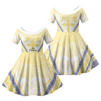 Peniamina Gospel Day Niue Family Matching Long Sleeve Bodycon Dress and Hawaiian Shirt Cross Dove Hiapo Pattern Yellow LT14 Daughter's Dress Yellow - Polynesian Pride