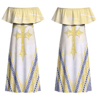 Peniamina Gospel Day Niue Family Matching Off Shoulder Maxi Dress and Hawaiian Shirt Cross Dove Hiapo Pattern Yellow LT14 Mom's Dress Yellow - Polynesian Pride