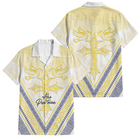Peniamina Gospel Day Niue Family Matching Off Shoulder Maxi Dress and Hawaiian Shirt Cross Dove Hiapo Pattern Yellow LT14 Dad's Shirt - Short Sleeve Yellow - Polynesian Pride