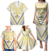 Peniamina Gospel Day Niue Family Matching Puletasi and Hawaiian Shirt Cross Dove Hiapo Pattern Yellow LT14 - Polynesian Pride