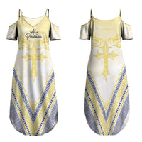 Peniamina Gospel Day Niue Family Matching Summer Maxi Dress and Hawaiian Shirt Cross Dove Hiapo Pattern Yellow LT14 Mom's Dress Yellow - Polynesian Pride