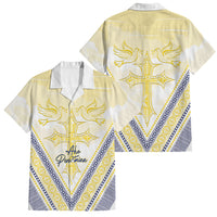 Peniamina Gospel Day Niue Family Matching Tank Maxi Dress and Hawaiian Shirt Cross Dove Hiapo Pattern Yellow LT14 Dad's Shirt - Short Sleeve Yellow - Polynesian Pride