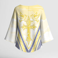 Peniamina Gospel Day Niue Kimono Sleeve Blouse Cross Dove Hiapo Pattern Yellow LT14 - Polynesian Pride