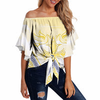 Peniamina Gospel Day Niue Off Shoulder Wrap Waist Top Cross Dove Hiapo Pattern Yellow LT14 Yellow - Polynesian Pride