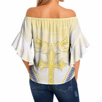 Peniamina Gospel Day Niue Off Shoulder Wrap Waist Top Cross Dove Hiapo Pattern Yellow LT14 - Polynesian Pride