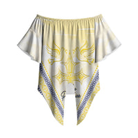 Peniamina Gospel Day Niue Off Shoulder Wrap Waist Top Cross Dove Hiapo Pattern Yellow LT14 - Polynesian Pride