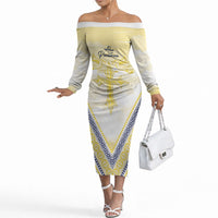 Peniamina Gospel Day Niue Off The Shoulder Long Sleeve Dress Cross Dove Hiapo Pattern Yellow LT14 Women Yellow - Polynesian Pride