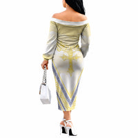 Peniamina Gospel Day Niue Off The Shoulder Long Sleeve Dress Cross Dove Hiapo Pattern Yellow LT14 - Polynesian Pride