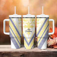 Peniamina Gospel Day Niue Tumbler With Handle Cross Dove Hiapo Pattern Yellow LT14 - Polynesian Pride