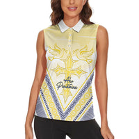 Peniamina Gospel Day Niue Women Sleeveless Polo Shirt Cross Dove Hiapo Pattern Yellow LT14 - Polynesian Pride