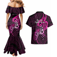 Polynesia Breast Cancer Awareness Couples Matching Mermaid Dress and Hawaiian Shirt Think Pink Polynesian Ribbon Black Version LT14 - Polynesian Pride