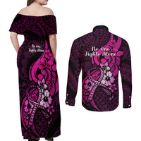 Polynesia Breast Cancer Awareness Couples Matching Off Shoulder Maxi Dress and Long Sleeve Button Shirts Think Pink Polynesian Ribbon Black Version LT14 - Polynesian Pride